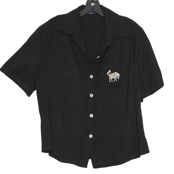 Vintage Top Embroidered Safari Retro Vacation Resort Cottage Button Up Black XL - Picture 1 of 3